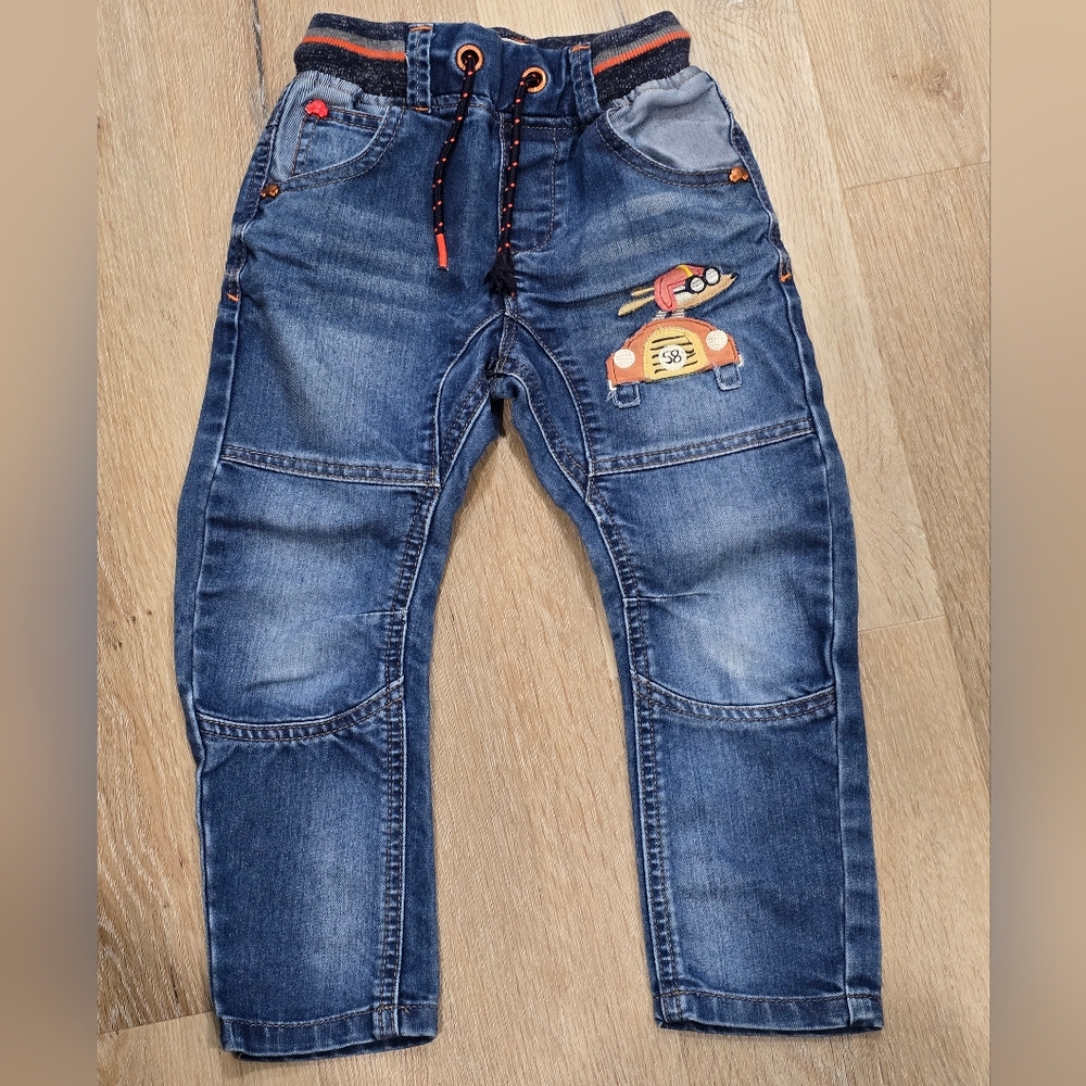 Next Boys Jeans 2-3Y 98cm Elastic Waist Drawstring Dog Race Car Patch
